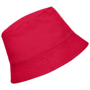 A red bucket hat made of fabric, featuring a simple design and a stitched brim. It has a logo.
