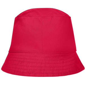 A red bucket hat with a wide brim, featuring a plain design and a logo.