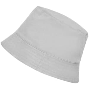 A light grey bucket hat with a soft fabric and a subtle brim, featuring a logo on the side.