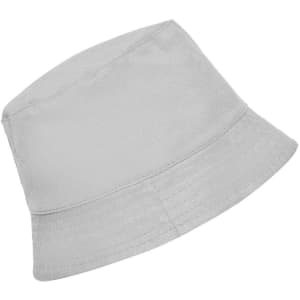 A light grey bucket hat featuring a simple design and soft fabric, with a visible branding logo.
