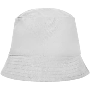 A grey bucket hat with a wide brim and a simple design, featuring a logo on the front.