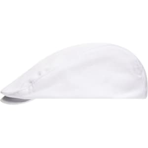 A white Cabrio Cap with a flat design and a small brim, featuring a branding logo.