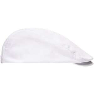 A white Cabrio Cap with a curved design, featuring a branded logo on the side.