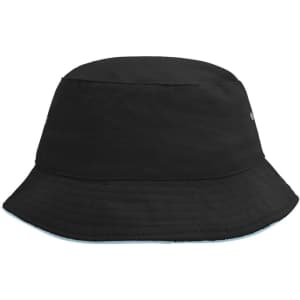 A black fisherman piping hat with a wide brim and a logo detail on the side.