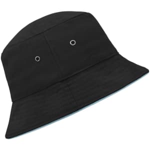 A black bucket hat with two ventilation eyelets, featuring a light blue underside. It has a branding logo.