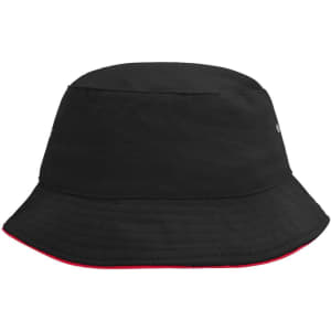 A black fisherman piping hat with a red trim, featuring a logo on the side. Ideal for outdoor wear.