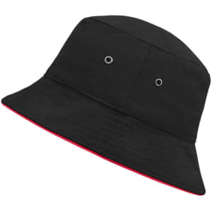 A black bucket hat with a red underside and metal eyelets for ventilation. It features a logo on the front.