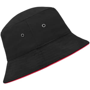 A black bucket hat featuring a red underside and ventilation eyelets, with a branding logo on the side.
