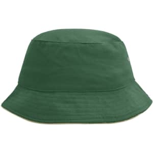 A green bucket hat with a wide brim and a logo on the side.