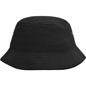 A black bucket hat with a wide brim and a branding logo on the side.