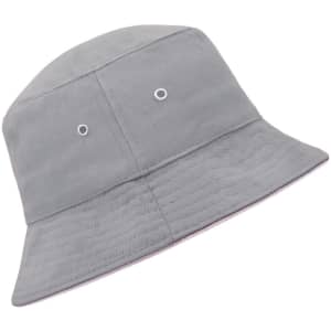 A grey bucket hat with eyelet vents and a ribbed texture. The hat features a logo on the side.