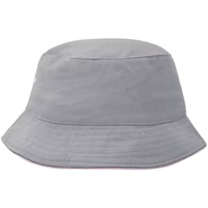 A grey bucket hat featuring a wide brim and a simple design, with a logo on one side.