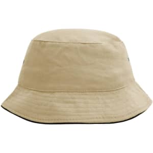 A beige bucket hat with a wide brim, featuring a logo on the side. Suitable for outdoor activities.