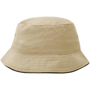 A beige fisherman piping hat with a wide brim and a black trim, featuring a logo on the side.