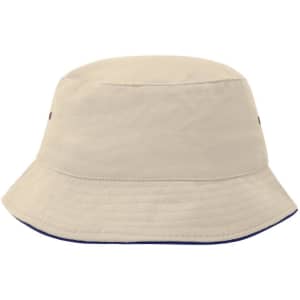 A beige bucket hat with a wide brim and a logo, ideal for outdoor activities.