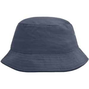A navy blue bucket hat featuring a wide brim and a logo on the side.