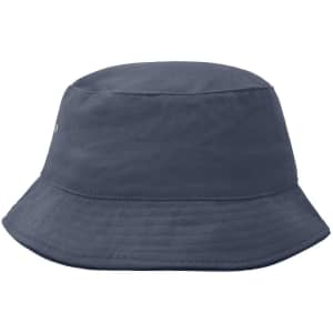 A navy blue fisherman piping hat with a wide brim and a logo on the side.