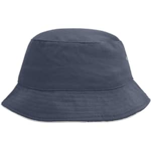 A navy blue bucket hat with a wide brim and a logo on the side. Ideal for outdoor activities.
