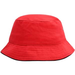 A bright red bucket hat with a wide brim and a logo. Ideal for outdoor wear or casual outings.