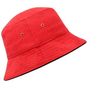 A red bucket hat featuring side ventilation holes and a contrasting black trim, with a logo.