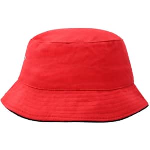 A red fisherman piping hat with a wide brim and a logo on the side.