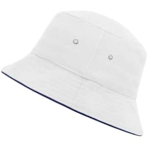 A white bucket hat with a navy trim and ventilation eyelets, featuring a logo on the side.
