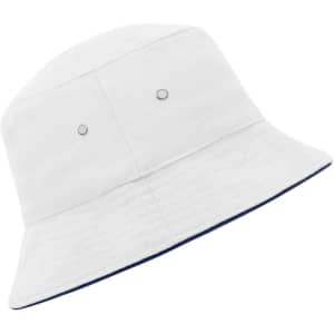 A white bucket hat featuring a brim and an inner lining in navy, complete with metal eyelets and a logo.