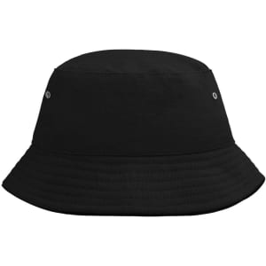 A black bucket hat with a round crown and a wide brim, featuring metal eyelets for ventilation.