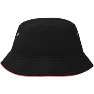 A black bucket hat with a red underside and silver eyelets, featuring a logo on the side.