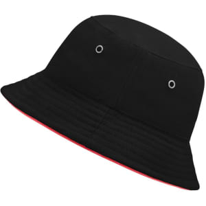 A black bucket hat with a red underside and eyelets, featuring a branding logo. Perfect for headwear enthusiasts.