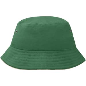 A green bucket hat featuring a classic design and eyelet details. It also has a logo on the side.