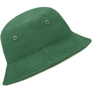 A green bucket hat with ventilation eyelets and a textured brim. Features a logo on the side.