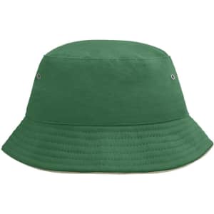 A green bucket hat with a wide brim, featuring ventilation eyelets and a simple design.