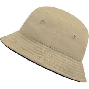 A Kids Fisherman Piping Hat in beige with a black trim and ventilation eyelets. Features a logo on the side.