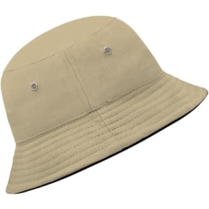 A beige bucket hat with a textured design and eyelets for ventilation, featuring a black underside.