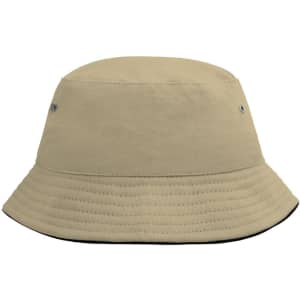 A beige bucket hat with a wide brim and ventilation holes. Features a subtle logo on the side.
