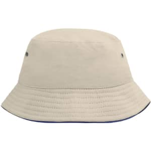 A beige bucket hat with a wide brim and small ventilation holes, featuring a contrasting navy edge.