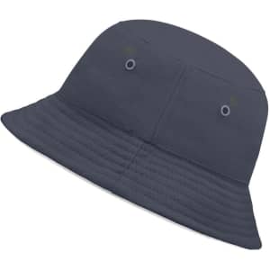 A dark navy bucket hat with a ribbed texture and ventilation eyelets, featuring a logo on the side.