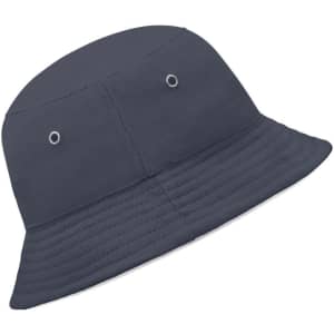 A navy blue fisherman piping hat with a bucket style and eyelets for ventilation. Features a logo.
