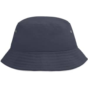 A navy blue bucket hat featuring a wide brim and ventilation eyelets, with branding visible.