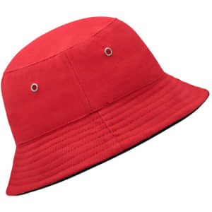 A red bucket hat with a textured design and metal eyelets for ventilation. It features a black underside.