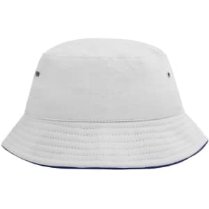 A white bucket hat with a navy underbrim and ventilation eyelets, featuring a branding logo.