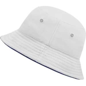 A white bucket hat with a navy blue brim and silver eyelets for ventilation. It features a logo on the side.