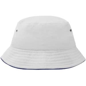 A white bucket hat with a navy underside and metal eyelets, featuring a logo on the side.