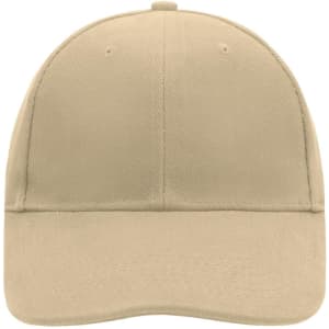 A beige 6 panel cap featuring a solid design and a logo on the front.