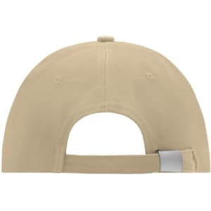A beige 6 panel cap featuring a back strap and a logo on the rear.