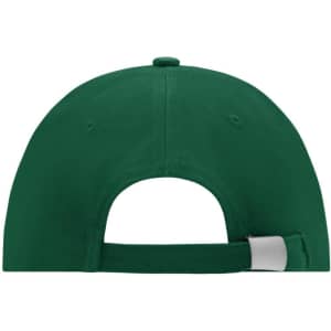 A green 6-panel cap featuring an adjustable strap and a logo on the back.