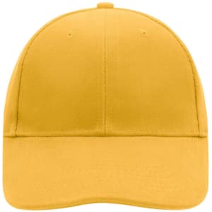 A yellow 6-panel cap featuring a rounded peak and a blank front. It includes a logo on the side.
