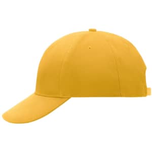 A yellow six-panel cap with a curved brim and a button on top, featuring a logo.