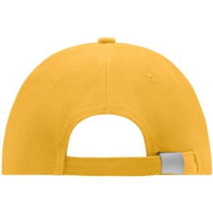 A yellow 6 panel cap with an adjustable strap at the back and a logo.